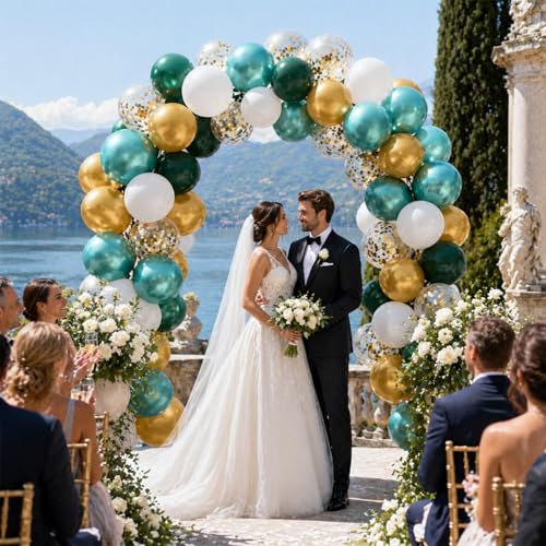Image of Metallic Green Gold Balloons, 60 Packs 12 Inch Dark Green White Gold Latex Balloons with Ribbons for Wedding, Anniversary, Birthday, Baby Shower, Jungle Sarfari Party