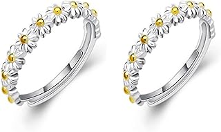 2 Pcs Little Daisy Flower Ring - I Think About You Ever Daisy Ring Wedding Band Ring Personality Adjustable Hawaiian Wish Promise Jewelry for Women
