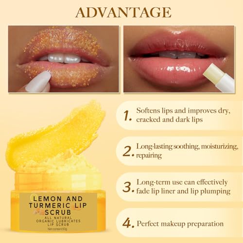 3pcs turmeric lemon lip scrub and turmeric lip balm with brush set lip scrubber exfoliator dark lips treatment for smokers natural exfoliator amp moisturizer cracked dull reduce fine lines lips