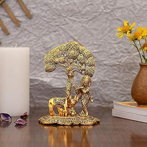 Collectible India Metal Krishna Playing Flute Idols Statue Murti with Kamdhenu Cow Standing Under Tree - Gold Plated Krishna Idol Showpiece for Home Office Temple Decor Cover