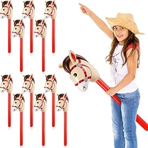Chivao 12 Pieces Inflatable Stick Horse Cute Horse Head Stick Blow up Balloon Colorful Cowboy Cowgirl Party Decorations for Themed Birthday Party(Red)