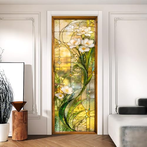Image of Stained Glass Floral Door Sticker Peel & Stick Cover, 30.3x78.7in