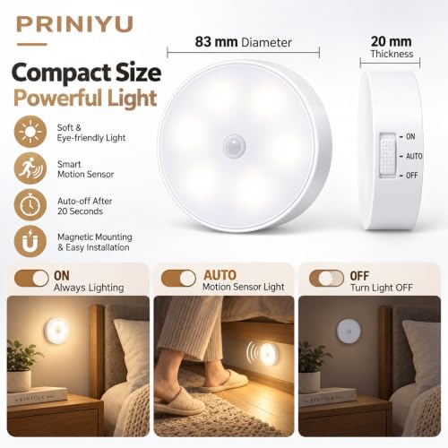 Image of Motion Sensor LED Puck Light Rechargeable Night Lamp Set of 2