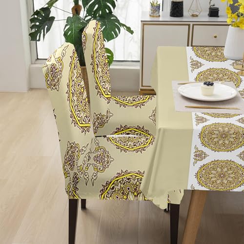 Image of Amazon Basics Dining Table Cover with 6 Chair Covers|Table Cover: 100% Polyester Woven Fabric 140 GSM, 220Cm X 140Cm|Chair Cover: 95% Polyester & 5% Spandex 110 GSM, 50Cm X 40Cm|Beige, Rectangular