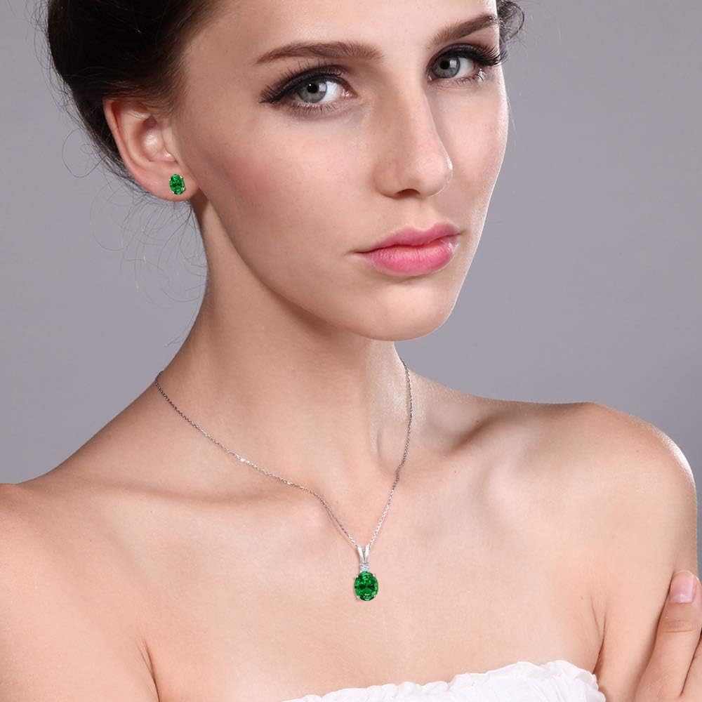 Gem Stone King 4.63 Cttw Oval Green Simulated Emerald Pendant and Earrings Jewelry Set For Women | 925 Sterling Silver | Oval 8X6MM and 7X5MM | With 18 Inch Silver Chain