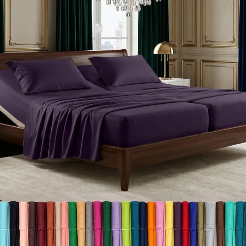 Image of Elegant Comfort Luxurious 1500 Premium Hotel Quality Microfiber Three Line Embroidered Softest 5-Piece Bed Sheet Set, Wrinkle and Fade Resistant, Split King, Purple