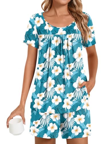 POPYOUNG Plus Size Womens Pajamas Sets 2 Pieces Lounge Sleepwear Ladies Pjs Sets with Pockets 3XL, Blue-white freesias