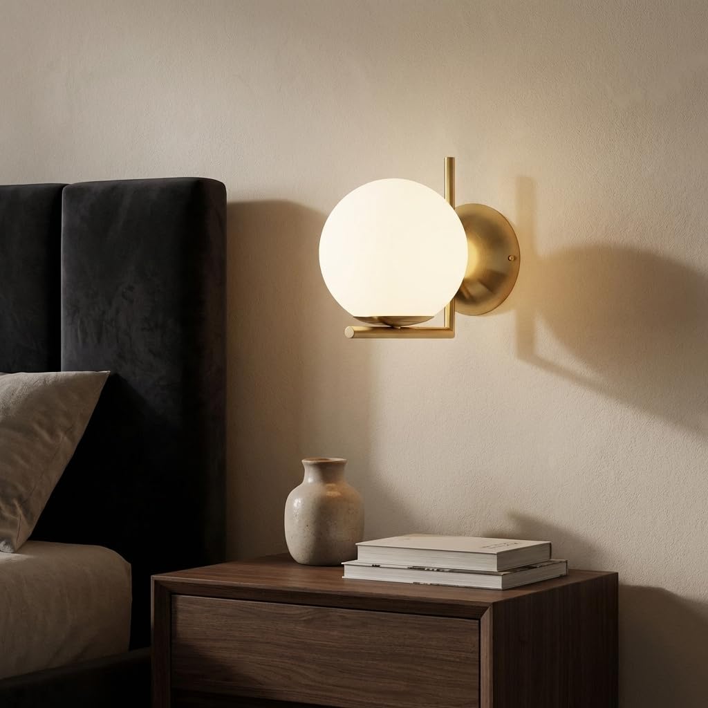 BARCELONA LED Aplique de Pared ATOM Bola de Cristal Blanco Ø15cm E27, Lámpara de Pared Pequeña con Soporte L Dorado de Aluminio, Estilo Clásico Moderno Vintage Iluminación Interior Decorativa