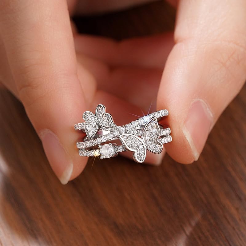 JerMrasra 14k White 925 Sterling Silver Butterfly Multi-Layer Design Ring for Women, Cubic Zirconia Promise Rings for Her, Stackable Wedding Bands Rings for Women Infinity Forever Ring 8 image 2
