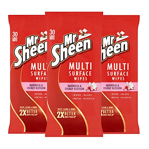 Mr Sheen Ultra Effective Wipes for Wood, Glass, Metal and Plastic, Magnolia and Cherry Blossom Fragrance by Air Wick, 30 Wipes per pack, Pack of 3, Total 90 Wipes