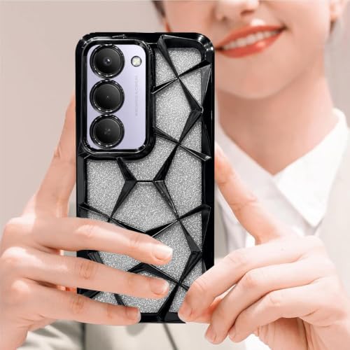 Image of VONZEE Gradient Glitter Case for Redmi 15, Luxury Electroplated 3D Cube, Diamond Bling Shiny Soft TPU Clear Shockproof Women Girls Protective Phone Cover (Black)