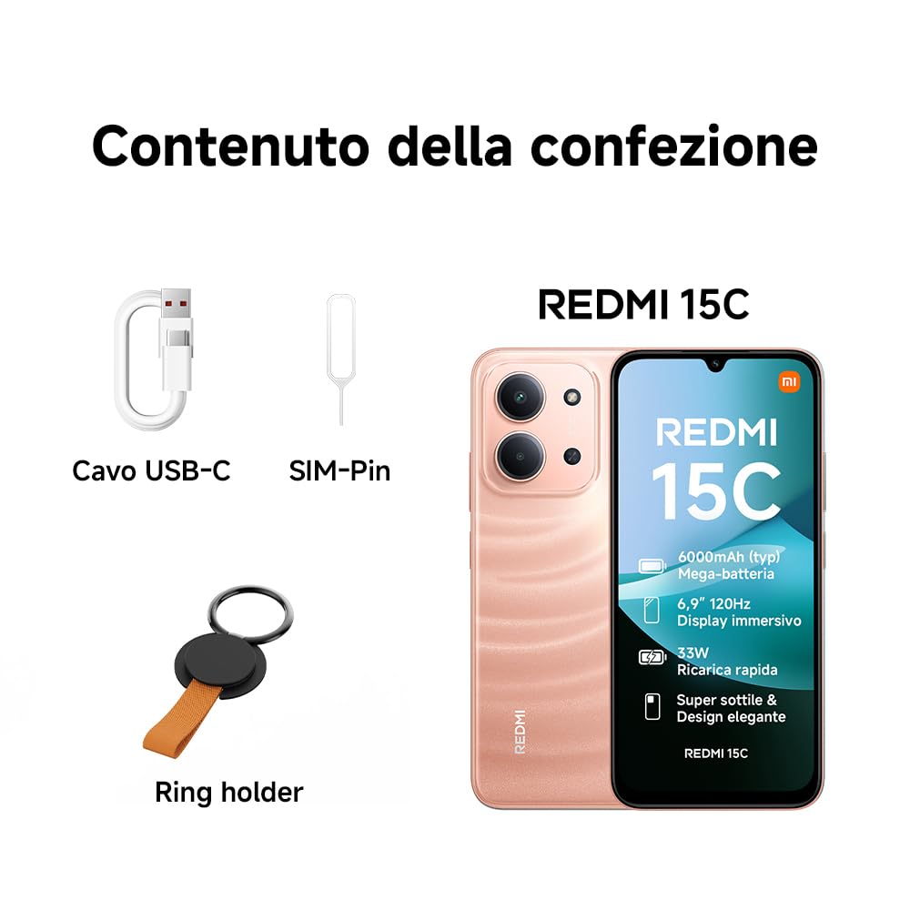 Xiaomi Redmi 15C, Smartphone 4+128GB, Display 6,9" 120Hz, 7,99mm, MediaTek Helio G81-Ultra, Dual camera da 50MP, Mega batteria da 6000mAh, Garanzia 2 anni, Nero, Caricabatterie non incluso