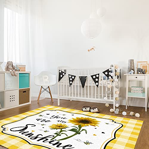 Sunflower Area Rug For Bedroom Living Room- Yellow Sunflower And Bees Yellow And White Plaid Contemporary Floor Carpet Comfy Runner Rug Nursery Playmats Home Decor Mat, #TOP2