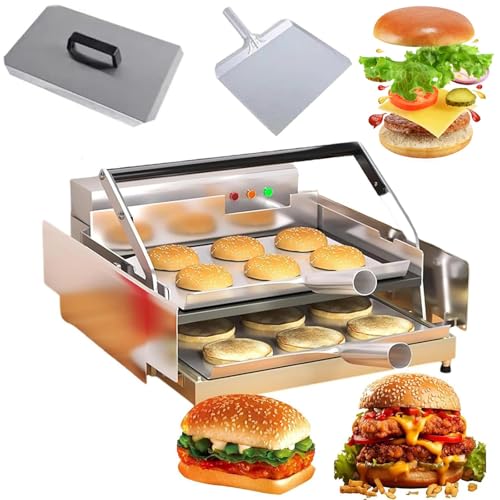 Tostadora eléctrica Comercial for Pan de Hamburguesa, tostadora de Hamburguesa a la Parrilla de Acero Inoxidable de Doble Capa Antiadherente, Temporizador de 0-3 Minutos y Temperatura 50-300 °C