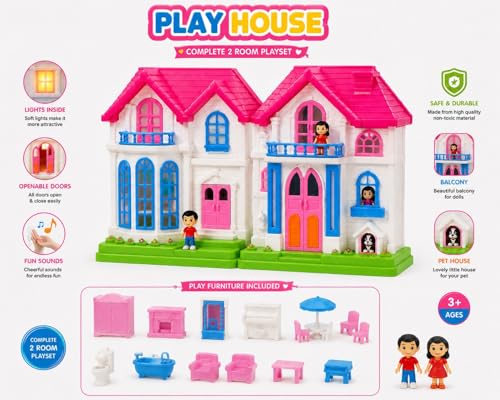 Image of My First Villa Portable Dollhouse Playset for Kids | Vibrant Pretend Play Toy Home with Balcony, Windows, and Openable Doors | Birthday Gift for Girls & Toddlers (Blue & Pink) (Pink)