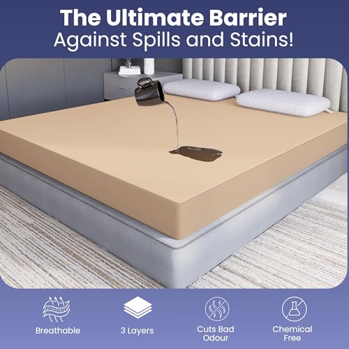 Image of CareFoam 100% Waterproof Premium Cotton Mattress Protector | Breathable and Hypoallergenic Ultra Soft Fitted Bed Protector | King XL - 78 x 72 Inch, Fits 10 Inch Beige | Standard King beds