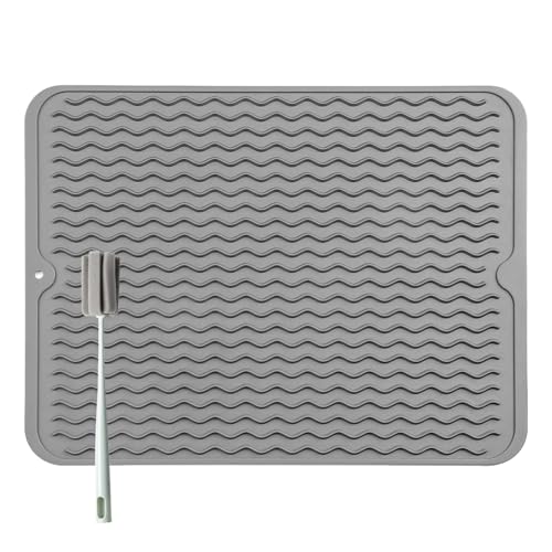 Alfombrilla Escurreplatos de Silicona - 50 x 40 cm Grande Alfombrilla Escurreplatos Plegable, Rectangular, Enrollable, con Cepillo de Limpieza de Esponja, Platos sin BPA, Antideslizante