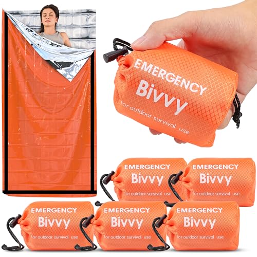 Emergency Sleeping Bag, 6 Pack Survival Bivy Sack Mylar Thermal Emergency Blanket Waterproof Lightweight Portable Shelter for Camping Gear Hiking Travel Outdoor Activities Backpacking