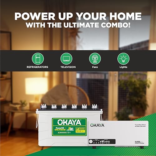 Image of Okaya Inverter with Battery Combo for Home, Office & Shops | ATSW 1700 12V Pure Sine Wave Inverter 1450VA with 36 Months Warranty & OPSJT19048 160Ah Battery with 48 Months Warranty