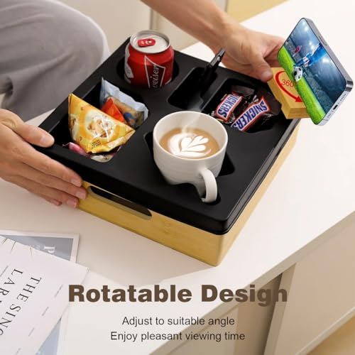 Kssiaz Couch Cup Holder Tray, Sofa Cup Holder with Rotatable Phone Holder, Couch Caddy for Bed Sofa Organizer, Waterproof Anti-Spill Cup Holder for Snacks Beverage Remote, Black