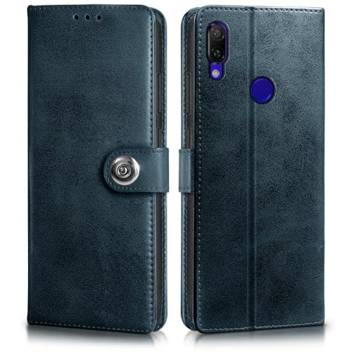 Image of WOW IMAGINE Shock Proof Flip Cover Back Case for Xiaomi Mi Redmi Note 7 | 7 Pro | 7S (Magnetic Button Flip Case | Wallet Pockets & Stand | Leather Finish | Oxford Blue)