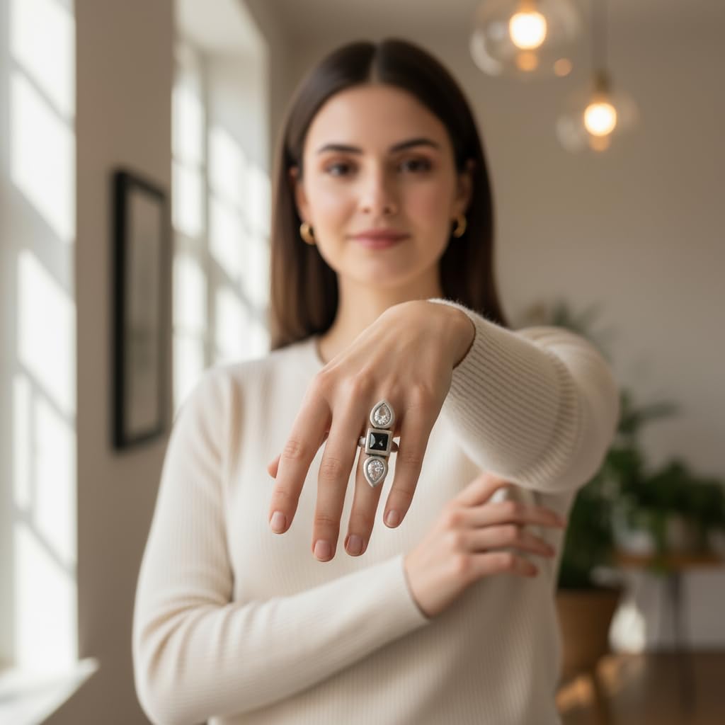 Handcrafted Bohemian Statement Ring for Women, Antique Silver Plated for Vintage Look, Adjustable Pewter Ring with Black & Clear Crystals, Hypoallergenic