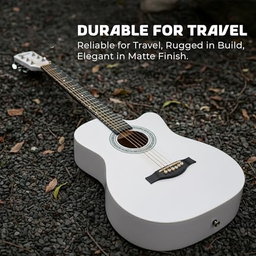 Image of Revel 38 Inch Acoustic Guitar Cutaway Wooden Guitar with High-Gloss Finish, Steel Strings, Smooth Tuning Pegs, Includes Carry Bag & Picks | Acoustic Guitar for Beginners and Adults. (White)