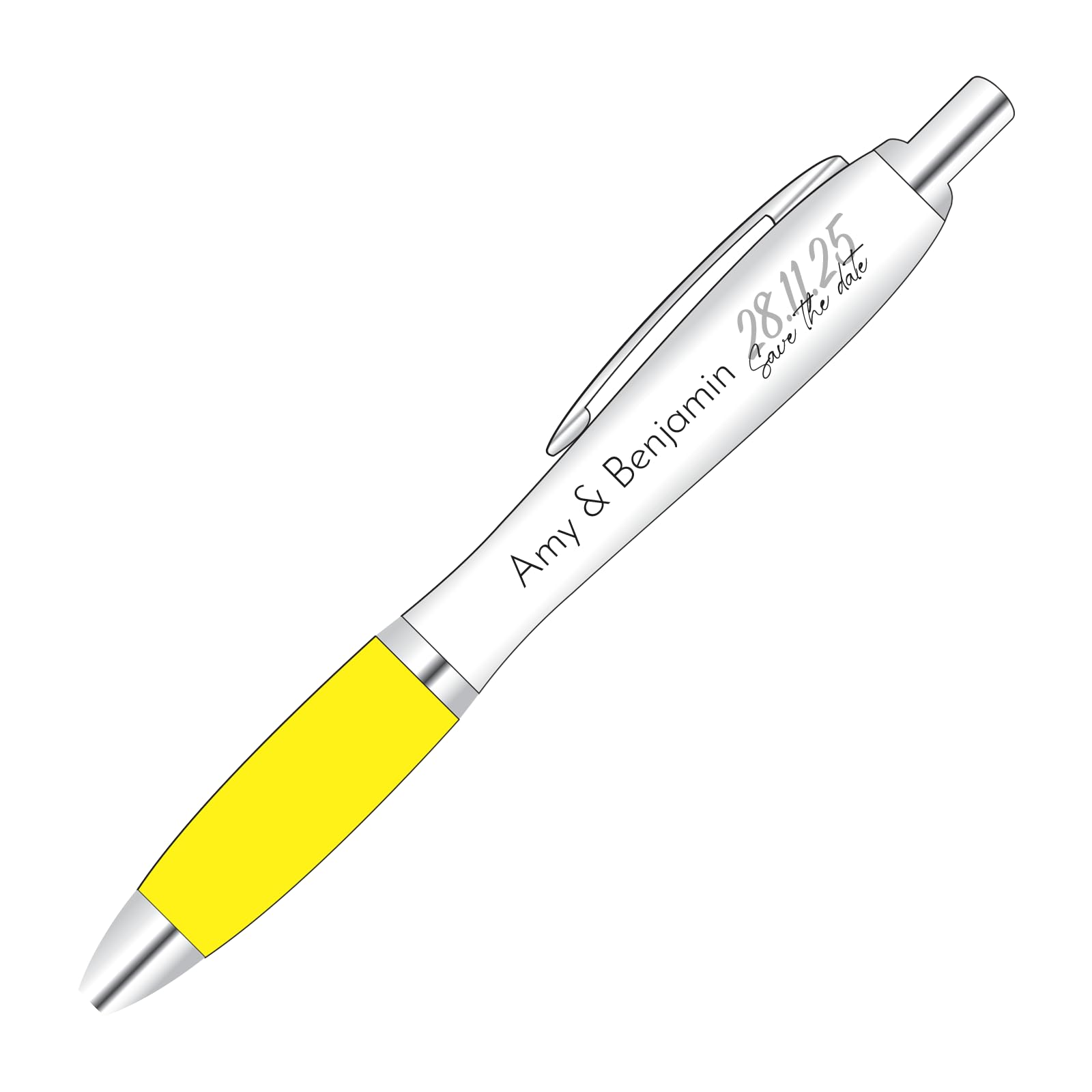 Personalised full colour printed save the date design pen with custom date, message and a yellow coloured grip.