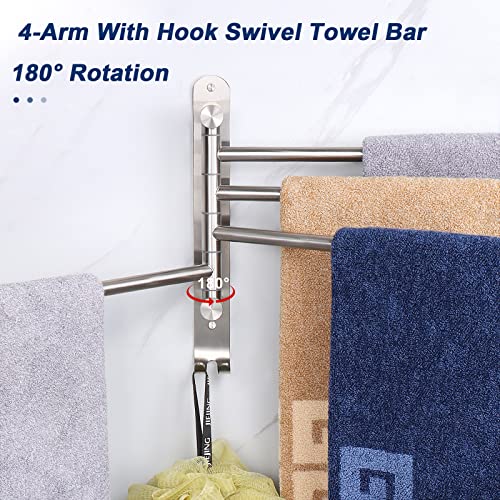 Nearmoon NM-TWRSW-4ARM-BN Swivel Towel Rack, Thicken Sus304 Stainless Steel 4-Arm Towel Bar, Space Saving Wall Mounted Towel Holder With Hook, Rustproof Swing Out Towel Hanger For Bathroom thumb #2