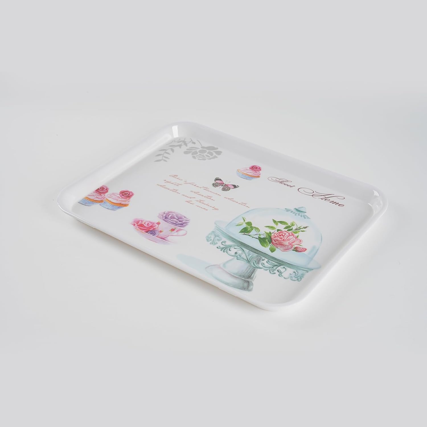 4-Pack Melamine Serving Tray Set - Rectangle Stackable Food Breakfast Fruit Platter with Floral Print for Gift Party Decor Home Restaurant (Cake)