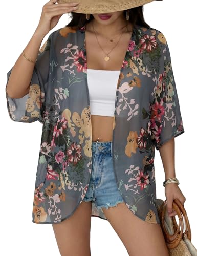 Image of Chunoy Women Floral Beach Wear Cover Up Chiffon Kimono Cardigan Open Front Blouse Top