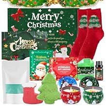 JAOJAO Christmas Gift Sets for Women, Bath Gift Set for Women Secret Santa Gifts Stocking Stuffers Festive Self-Care with Massage Oil, Scented Candle, Bath Salts, Soap, Stocking, Greeting Cards