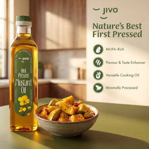 Image of Jivo First Pressed Mustard Oil 1 Litre | Vitamin A and D Fortified | MUFA-Rich with Balanced Omega 3 and 6 |Cholesterol and Trans Fat Free Oil| Ideal for Frying, Pickling, Sauteing, Baking, and More