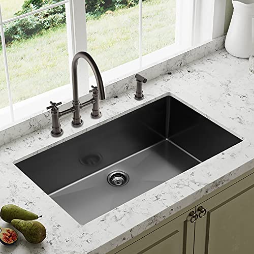 CELAENO 36 Inch Gunmetal Black Undermount Kitchen Sink, Luxury 16 Gauge Stainless Steel Kitchen Sink, Modern Extremely Durable Single Bowl Undermount Sink with Nano Surface