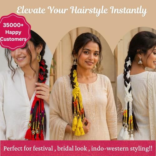 Image of Zippy Flora Neelima Parandi (Yellow) | Traditional Boho Handmade Paranda Hair Accessory with Braid Tassels | Women's Ethnic Hair Extension for Choti, Braids & Patiala Shahi Hairstyles