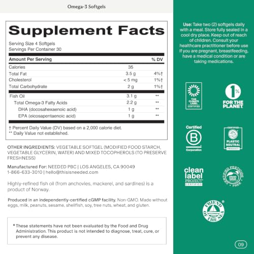 Image of Needed. Prenatal Omega-3 - High Potency Dose of Sustainably Sourced Fish Oil, Lemon Zest Scented, 1000mg DHA, 1000mg EPA, Encased in a Gelatin-Free, Plant-Based Softgel Shell, 30-Day Supply | High Potency Dose of Sustainably Sourced Fish Oil, Encased in a Gelatin-Free, Plant-Based Softgel Shell, 30-Day Supply