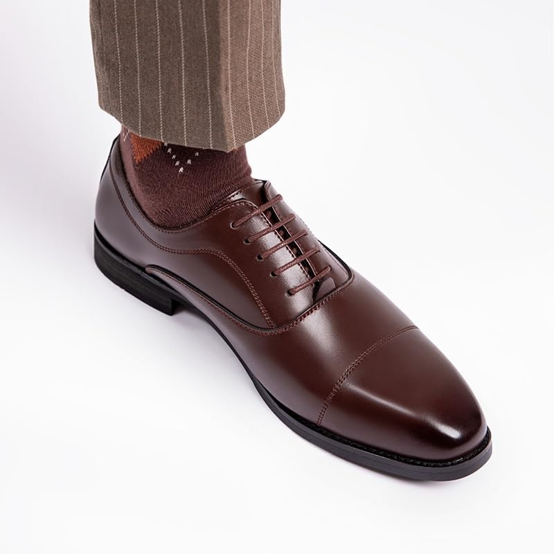 Formal Shoes for Men Lace Up Square Toe Genuine Leather Cap Toe Oxford Shoes Anti-Slip Non Slip Resistant Party(Brown,7.5)2