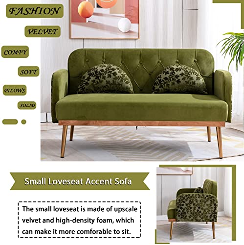55-Inch Small Velvet Couch With Elegant Moon Shape Pillows, Twin Size Loveseat Accent Sofa With Golden Metal Legs, Living Room Sofa With Tufted Backrest, 600 Pounds Weight Capacity, Green #TOP1