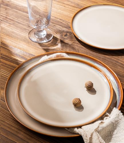 Image of LERATIO Ceramic Dinnerware Sets with Pasta Bowls for 4,Plates and Bowls Sets,Oven &Microwave & Dishwasher Safe,Light Weight & Scratch Resistant Dishes Sets-Service for 4 (16pcs)-Kahki
