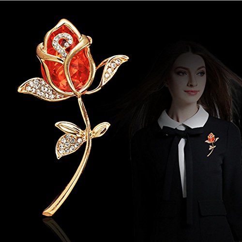 HOMEYU Jewellery 18K Rose Gold Plated Red Rose Flower Brooch with Austrian Crystal Element for Women Gifts