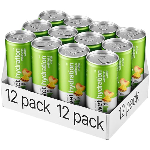 Image of Wet Hydration | Functional Wellness Water, Non-Carbonated - Peach Pineapple (12 Ounce Cans, Pack of 12) - Flavored Water, Hydration Drink, No Sugar, No Artificial Ingredients, Zero Calories (Packaging May Vary)
