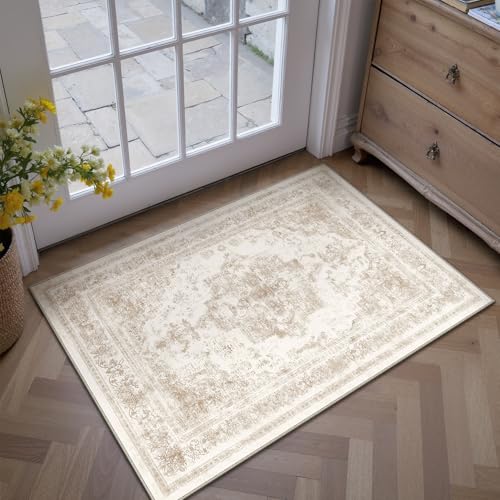 Area Rug 2x3 Cream Washable Entryway Vintage Medallion Beige Carpet Non Slip Low Pile Soft Doormat Distressed Retro Indoor Small Rug for Kitchen Bedroom Laundry Bathroom