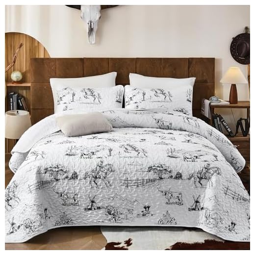WONGS BEDDING Western Quilt Set Queen,3 Pieces Rustic Ranch Life Bedspread with Cowboy Southwestern Vintage Country Pattern,Black White Soft Lightweight Farmhouse Bedding for All Season(96"x90")
