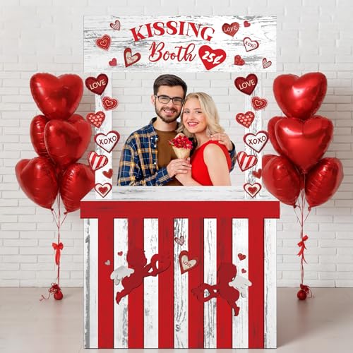 Cinnvoice Valentines Kissing Booth 58.27 x 33.86 Inches Love Cardboard Cutout Lifesize Photo Prop Heart Kissing Booth Standup Decorative Sign for Valentines Party Wedding Outdoor Decor
