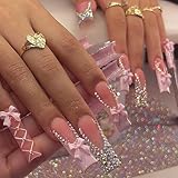 FIEONCIY Press on Nails Long Coffin Shaped Acrylic Glossy Full Cover Long Square French False Nails with Designs Artificial Extra Long Fake Nails with Charms Glue ons Fingernails for Women(XG10187)