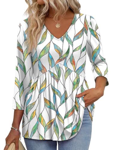Image of OFEEFAN 3 /4 Length Sleeve Womens Tops 2026 Blouses for Women Dressy Casual Fashion Clothing V Neck Babydoll Tops Fall Outfits
