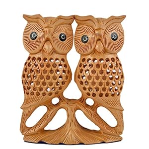 Truesellershop 10 Inch Home Decor Owl Statue Handmade Wooden Good Luck Bird Collectable Figurine Antique Bird Pair Sculpture