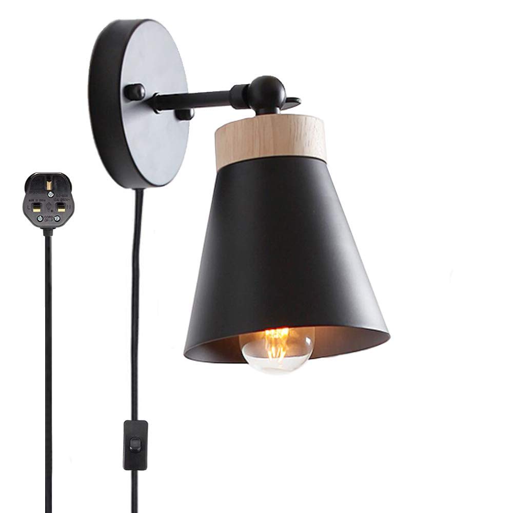Powder-Coated Steel, Black Wood Wall Lamp with Practical Plug, Cable and Switch