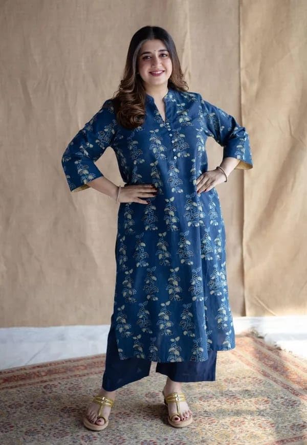 Image of Women's Indigo Blue Cotton Ethnic Co-Ord Set | Kurta Pant Set | Kurta Palazzo Set | Stylish Printed Suit Set for Women