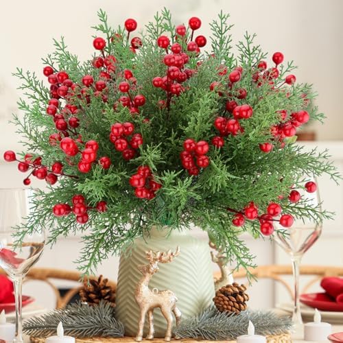 Artificial Christmas Flowers, 4 Bundles Norfolk Pine Branches wit...
